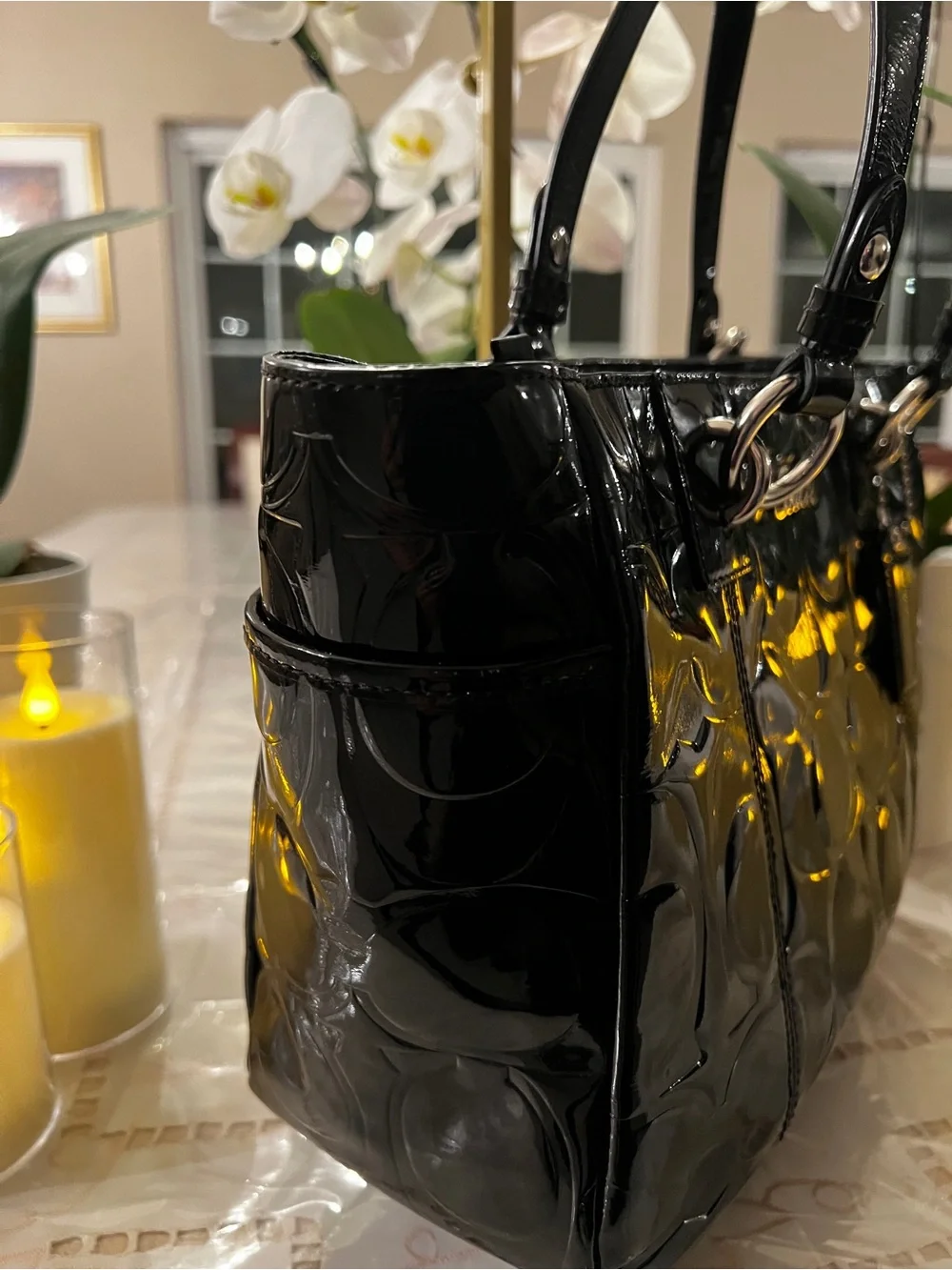 Coach Black Patent Embossed Signature Tote | Glossy Shoulder Bag Silver Hardware